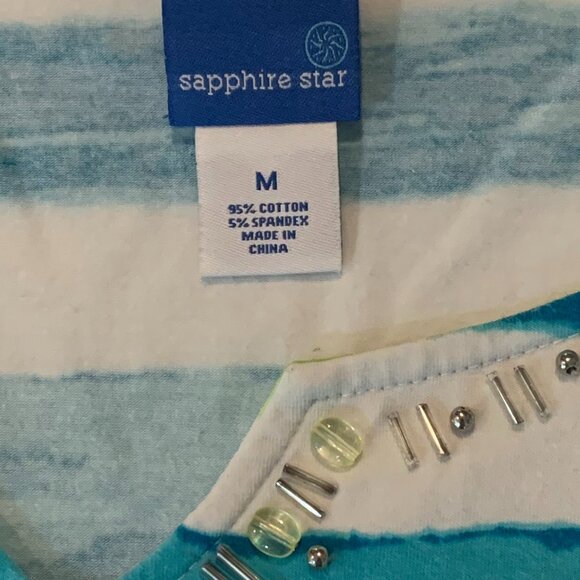 EUC Sapphire Star Women's Medium Top Colorful Green White Blue Stripes + Beads - Picture 6 of 13